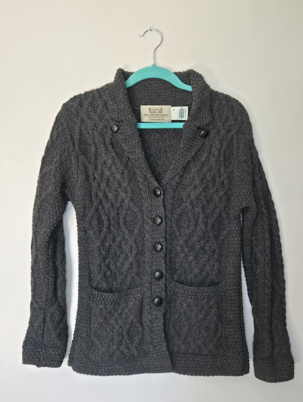 Aran Sweater Irish Merino Wool Cable Knit Cardigan Small Fisherman Dark Academia